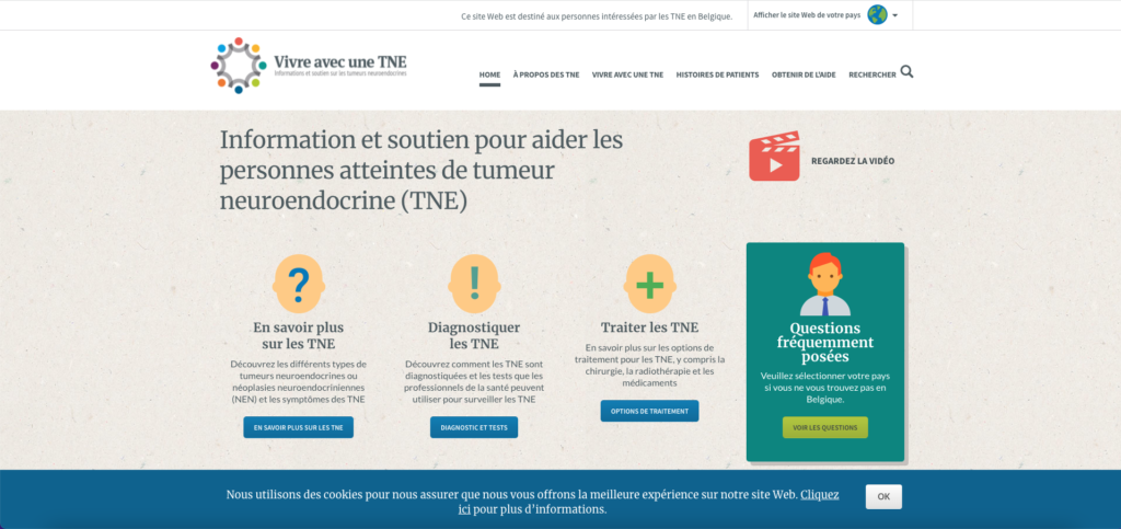 Screenshot of French language homepage of LivingwithNETs Belgium.